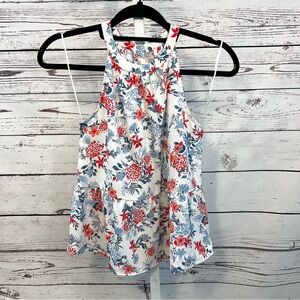 Pink Rose Floral White Red Blue Print Halter Neck Tank Top Blouse Small NWT